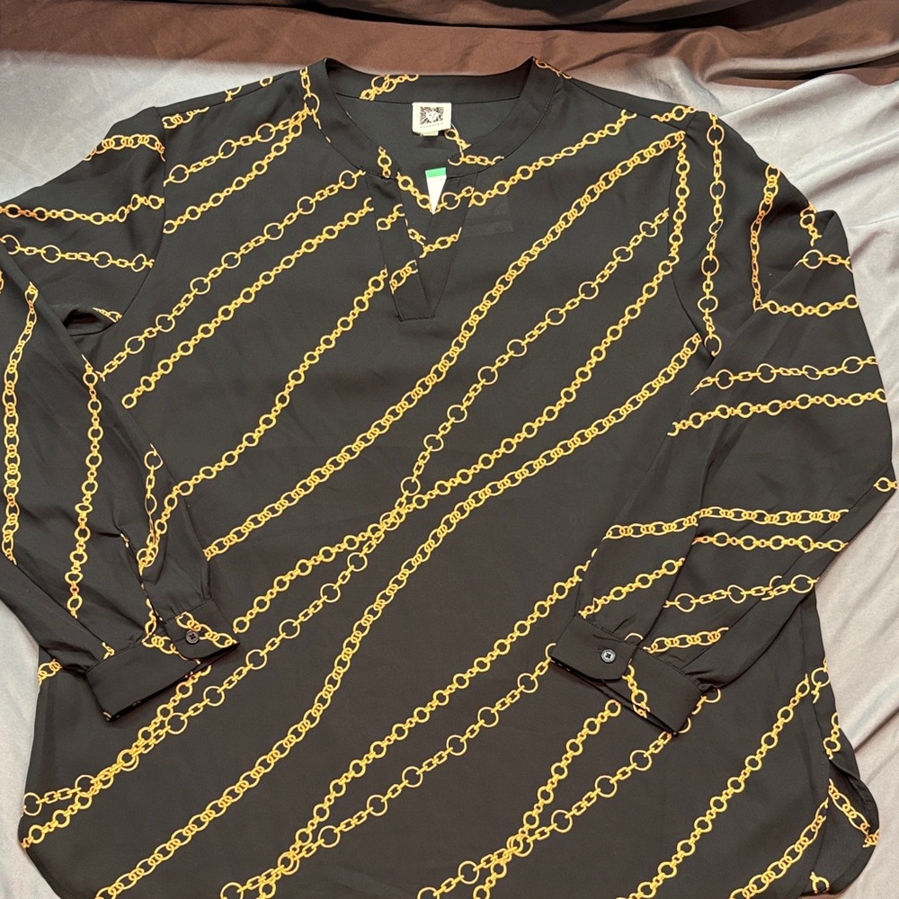 Anne Klein‎ Black & Gold Chain Print Blouse Long-Sleeve Tunic Top NWT